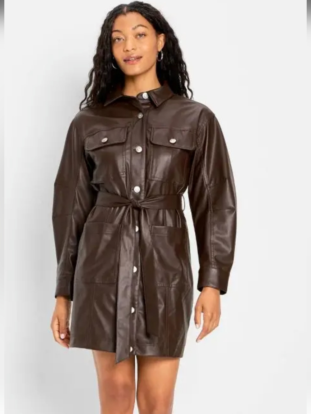 Women's Dark Brown Faux Leather Shirt Dress Jacket. XS Brand New
